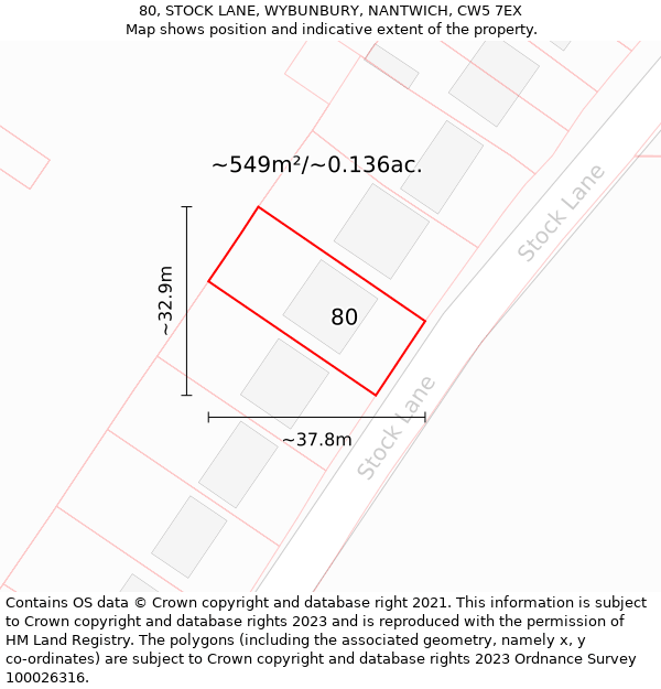 80, STOCK LANE, WYBUNBURY, NANTWICH, CW5 7EX: Plot and title map