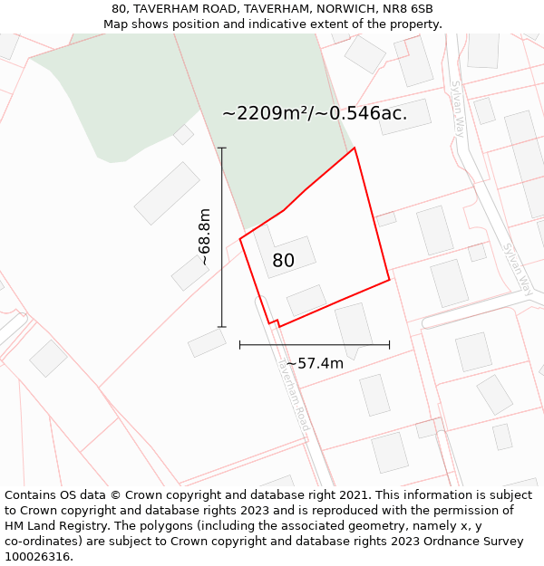 80, TAVERHAM ROAD, TAVERHAM, NORWICH, NR8 6SB: Plot and title map