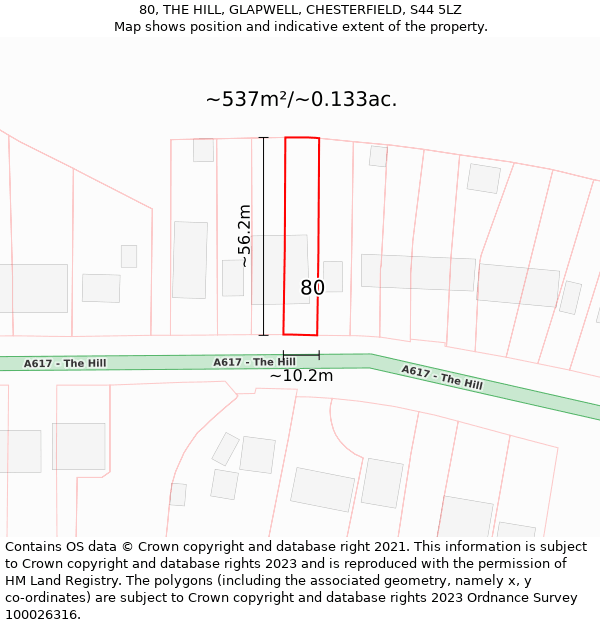 80, THE HILL, GLAPWELL, CHESTERFIELD, S44 5LZ: Plot and title map