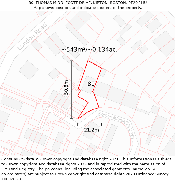 80, THOMAS MIDDLECOTT DRIVE, KIRTON, BOSTON, PE20 1HU: Plot and title map