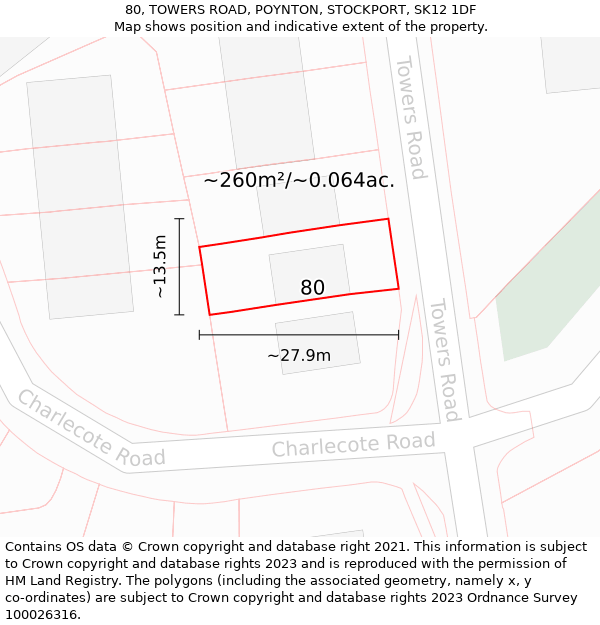 80, TOWERS ROAD, POYNTON, STOCKPORT, SK12 1DF: Plot and title map