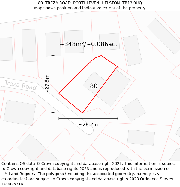 80, TREZA ROAD, PORTHLEVEN, HELSTON, TR13 9UQ: Plot and title map