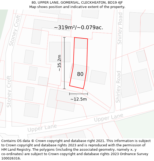 80, UPPER LANE, GOMERSAL, CLECKHEATON, BD19 4JF: Plot and title map