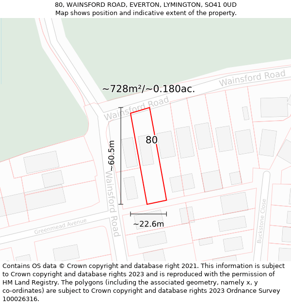 80, WAINSFORD ROAD, EVERTON, LYMINGTON, SO41 0UD: Plot and title map