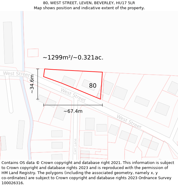 80, WEST STREET, LEVEN, BEVERLEY, HU17 5LR: Plot and title map