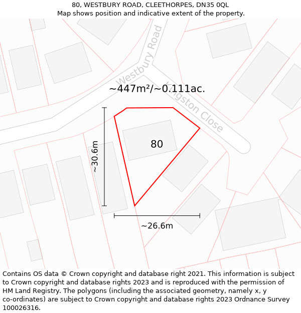 80, WESTBURY ROAD, CLEETHORPES, DN35 0QL: Plot and title map