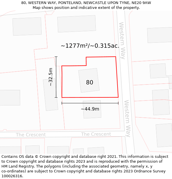 80, WESTERN WAY, PONTELAND, NEWCASTLE UPON TYNE, NE20 9AW: Plot and title map