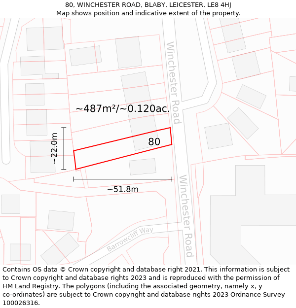 80, WINCHESTER ROAD, BLABY, LEICESTER, LE8 4HJ: Plot and title map
