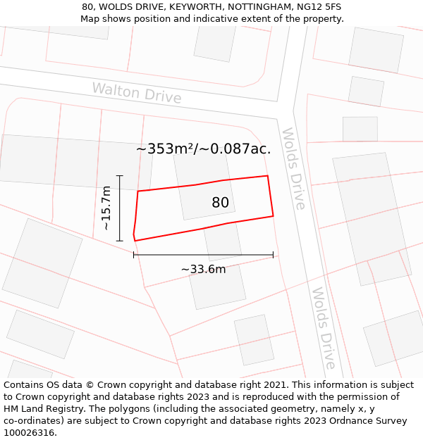 80, WOLDS DRIVE, KEYWORTH, NOTTINGHAM, NG12 5FS: Plot and title map