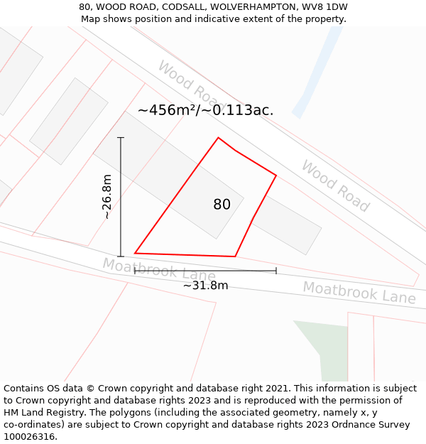 80, WOOD ROAD, CODSALL, WOLVERHAMPTON, WV8 1DW: Plot and title map