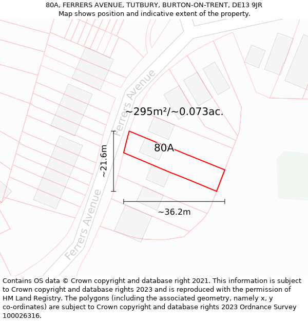 80A, FERRERS AVENUE, TUTBURY, BURTON-ON-TRENT, DE13 9JR: Plot and title map