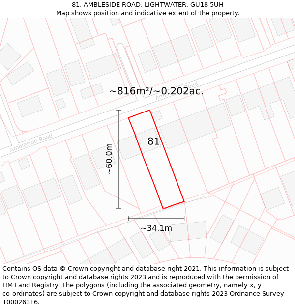 81, AMBLESIDE ROAD, LIGHTWATER, GU18 5UH: Plot and title map