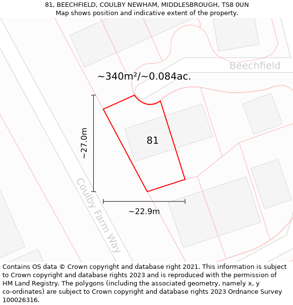 81, BEECHFIELD, COULBY NEWHAM, MIDDLESBROUGH, TS8 0UN: Plot and title map