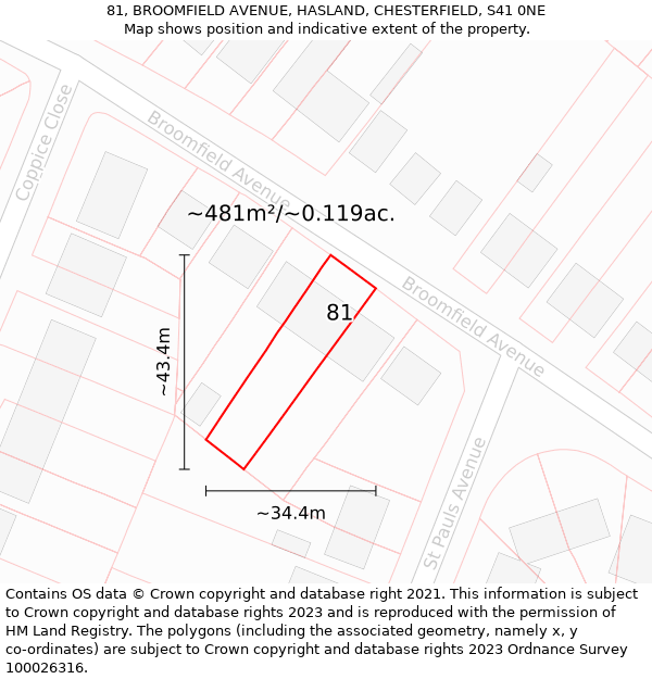 81, BROOMFIELD AVENUE, HASLAND, CHESTERFIELD, S41 0NE: Plot and title map