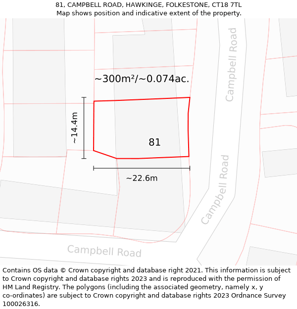 81, CAMPBELL ROAD, HAWKINGE, FOLKESTONE, CT18 7TL: Plot and title map