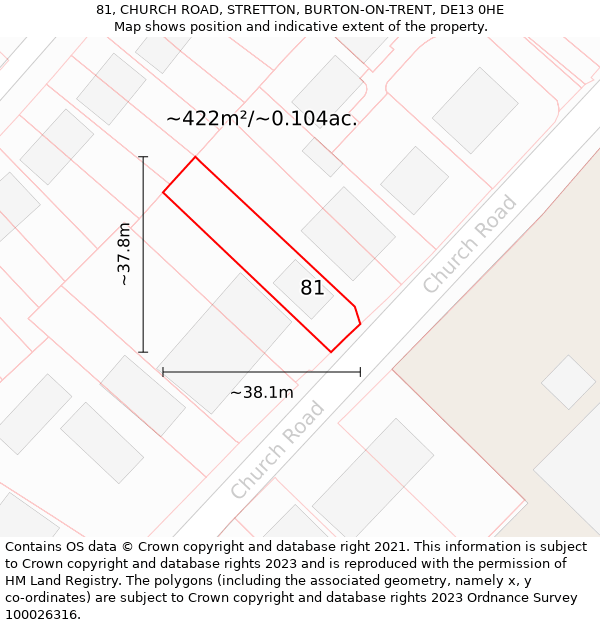 81, CHURCH ROAD, STRETTON, BURTON-ON-TRENT, DE13 0HE: Plot and title map