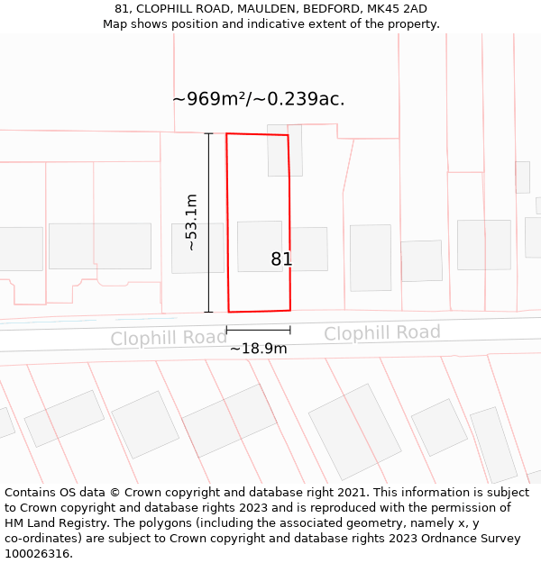 81, CLOPHILL ROAD, MAULDEN, BEDFORD, MK45 2AD: Plot and title map