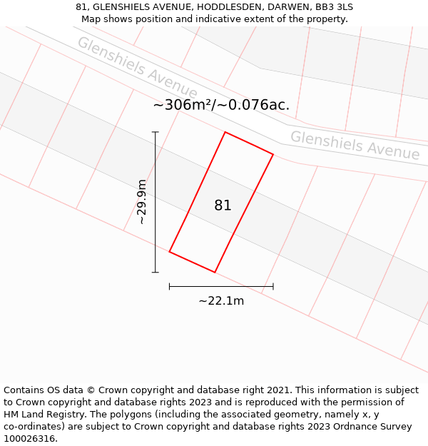 81, GLENSHIELS AVENUE, HODDLESDEN, DARWEN, BB3 3LS: Plot and title map