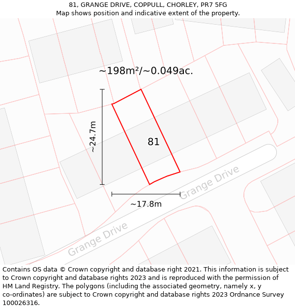 81, GRANGE DRIVE, COPPULL, CHORLEY, PR7 5FG: Plot and title map