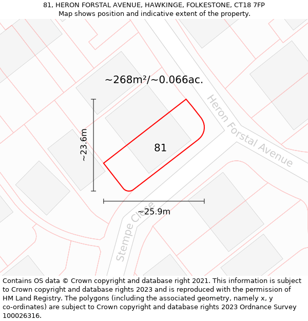 81, HERON FORSTAL AVENUE, HAWKINGE, FOLKESTONE, CT18 7FP: Plot and title map