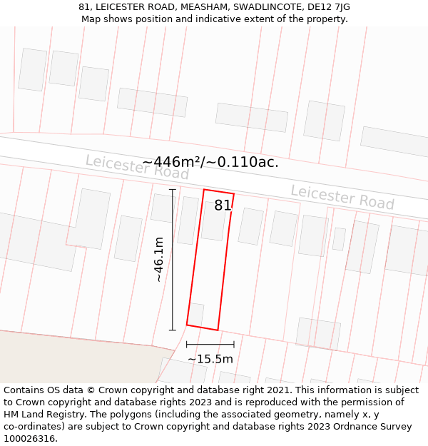 81, LEICESTER ROAD, MEASHAM, SWADLINCOTE, DE12 7JG: Plot and title map