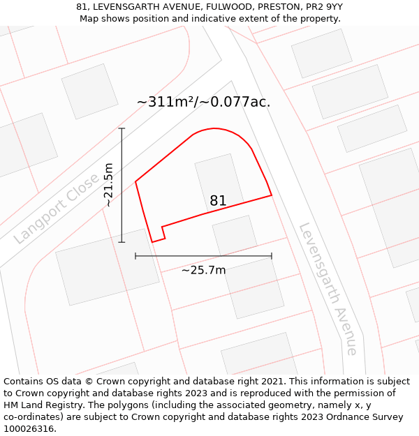 81, LEVENSGARTH AVENUE, FULWOOD, PRESTON, PR2 9YY: Plot and title map