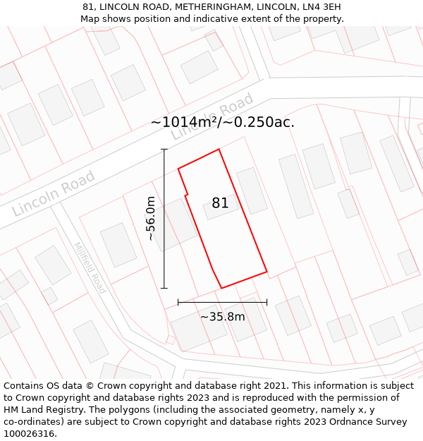 81, LINCOLN ROAD, METHERINGHAM, LINCOLN, LN4 3EH: Plot and title map