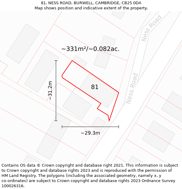 81, NESS ROAD, BURWELL, CAMBRIDGE, CB25 0DA: Plot and title map