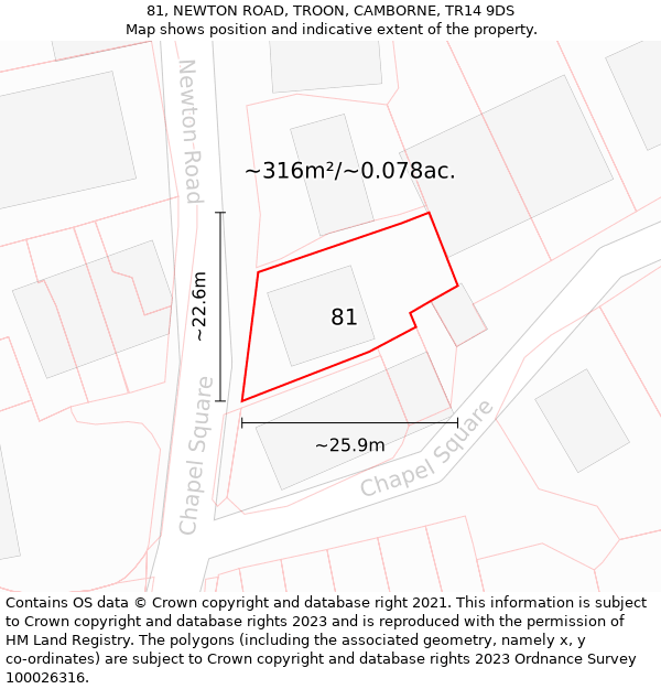 81, NEWTON ROAD, TROON, CAMBORNE, TR14 9DS: Plot and title map