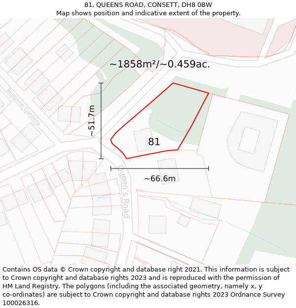 81, QUEENS ROAD, CONSETT, DH8 0BW: Plot and title map