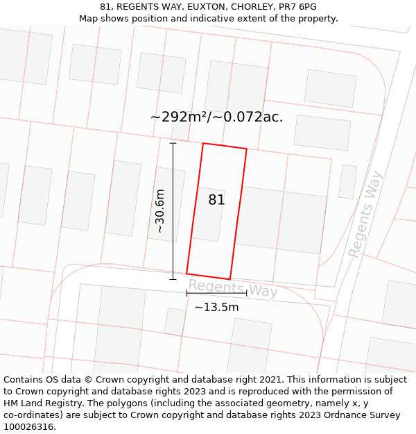 81, REGENTS WAY, EUXTON, CHORLEY, PR7 6PG: Plot and title map