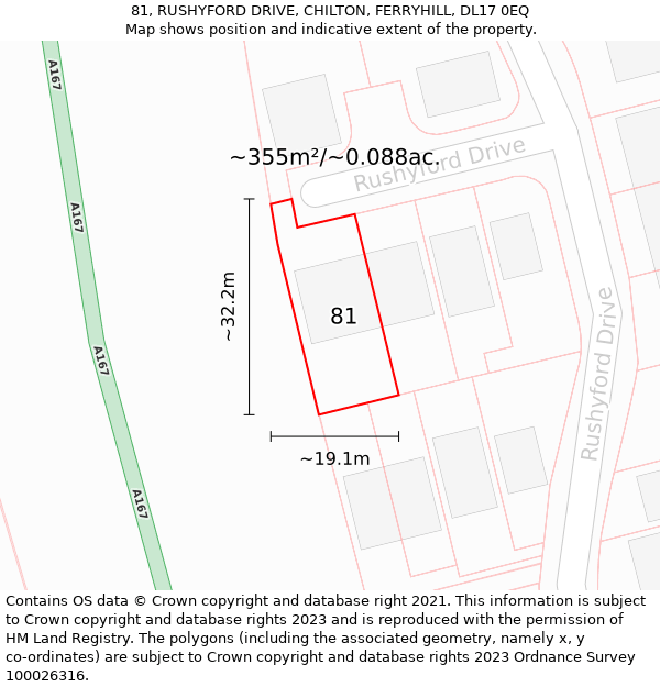 81, RUSHYFORD DRIVE, CHILTON, FERRYHILL, DL17 0EQ: Plot and title map