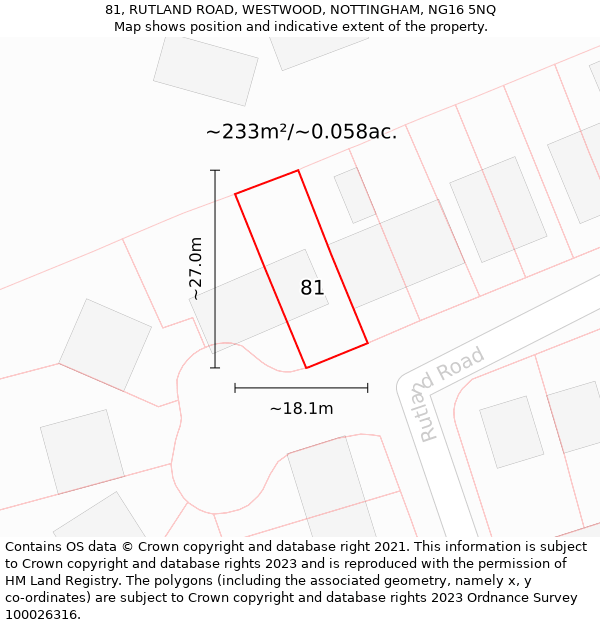 81, RUTLAND ROAD, WESTWOOD, NOTTINGHAM, NG16 5NQ: Plot and title map