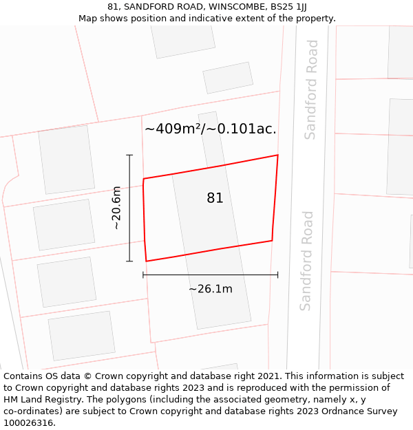 81, SANDFORD ROAD, WINSCOMBE, BS25 1JJ: Plot and title map