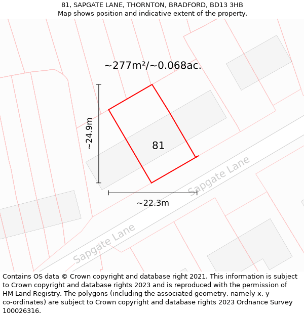 81, SAPGATE LANE, THORNTON, BRADFORD, BD13 3HB: Plot and title map