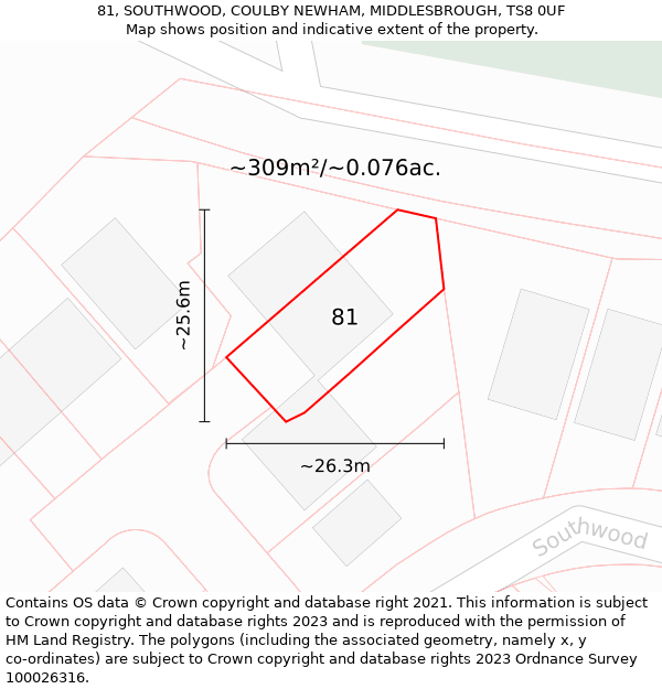 81, SOUTHWOOD, COULBY NEWHAM, MIDDLESBROUGH, TS8 0UF: Plot and title map