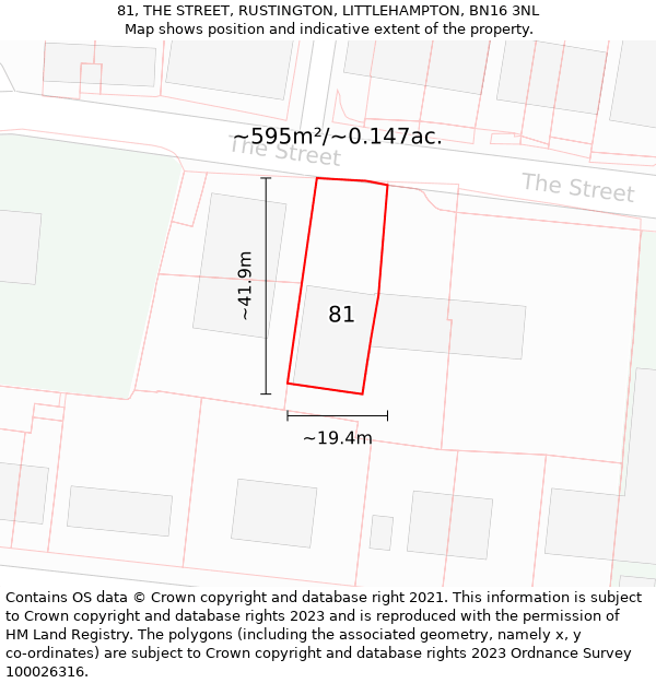 81, THE STREET, RUSTINGTON, LITTLEHAMPTON, BN16 3NL: Plot and title map