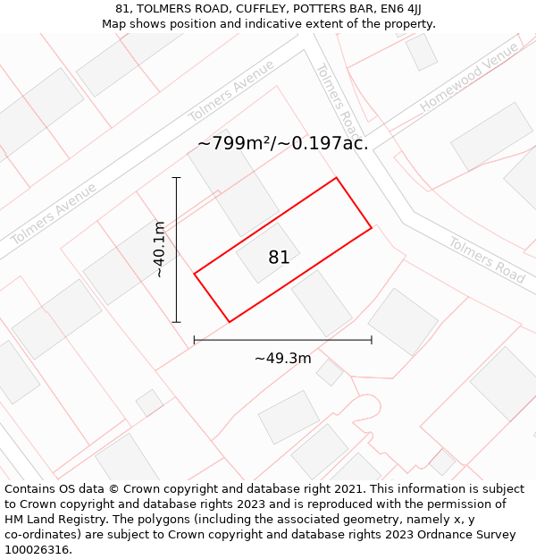 81, TOLMERS ROAD, CUFFLEY, POTTERS BAR, EN6 4JJ: Plot and title map