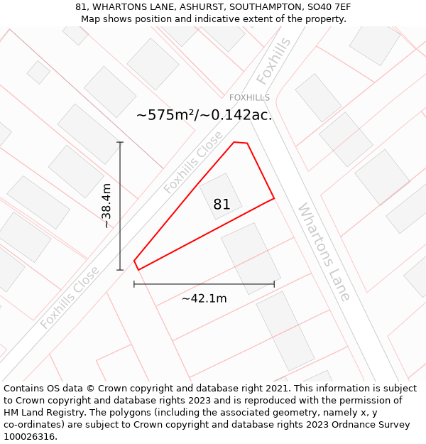 81, WHARTONS LANE, ASHURST, SOUTHAMPTON, SO40 7EF: Plot and title map