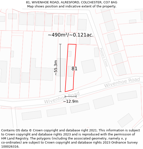 81, WIVENHOE ROAD, ALRESFORD, COLCHESTER, CO7 8AG: Plot and title map