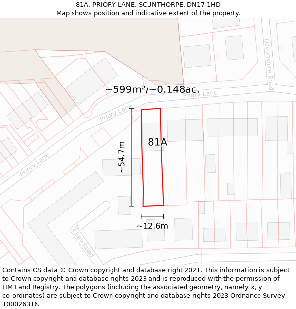 81A, PRIORY LANE, SCUNTHORPE, DN17 1HD: Plot and title map