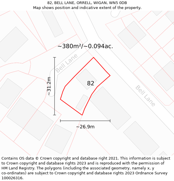 82, BELL LANE, ORRELL, WIGAN, WN5 0DB: Plot and title map