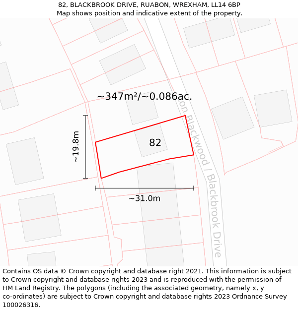 82, BLACKBROOK DRIVE, RUABON, WREXHAM, LL14 6BP: Plot and title map