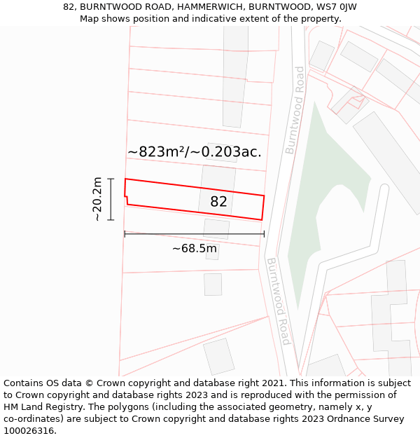 82, BURNTWOOD ROAD, HAMMERWICH, BURNTWOOD, WS7 0JW: Plot and title map