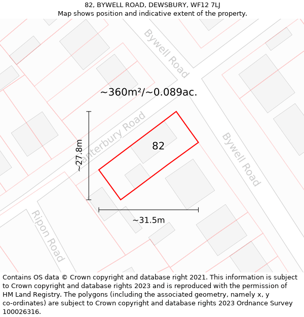 82, BYWELL ROAD, DEWSBURY, WF12 7LJ: Plot and title map