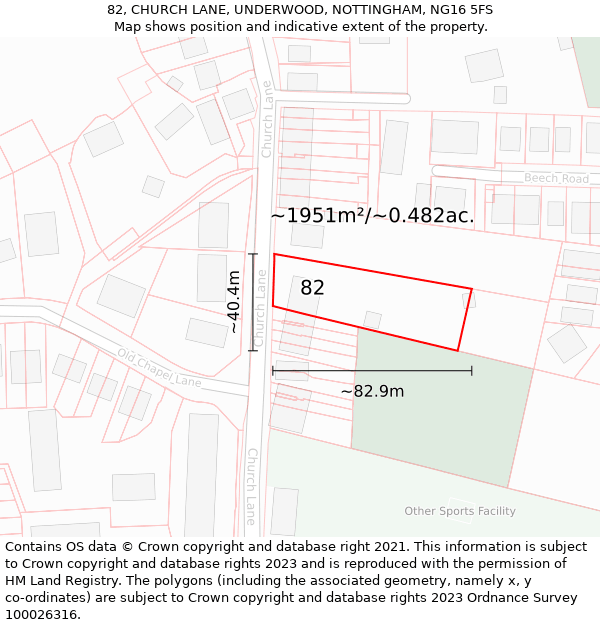 82, CHURCH LANE, UNDERWOOD, NOTTINGHAM, NG16 5FS: Plot and title map