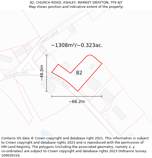 82, CHURCH ROAD, ASHLEY, MARKET DRAYTON, TF9 4JY: Plot and title map