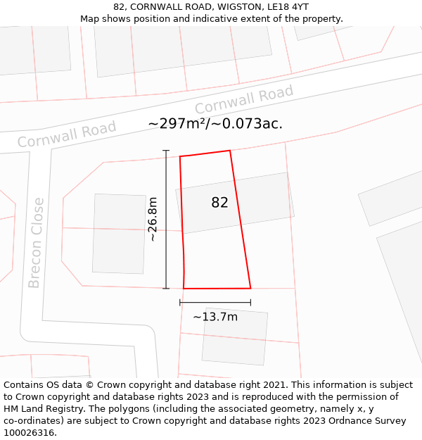 82, CORNWALL ROAD, WIGSTON, LE18 4YT: Plot and title map