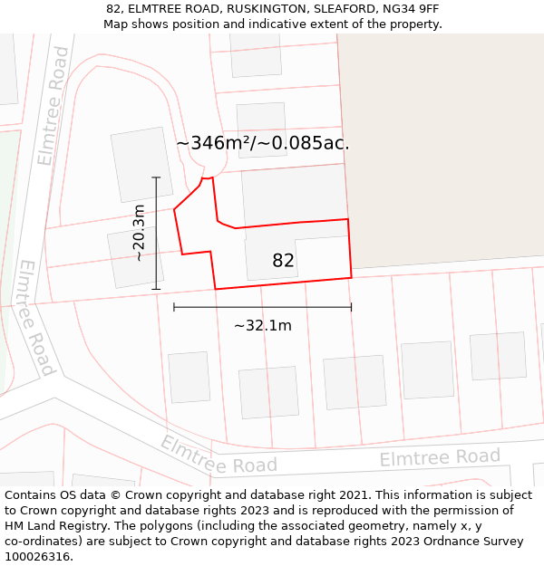 82, ELMTREE ROAD, RUSKINGTON, SLEAFORD, NG34 9FF: Plot and title map