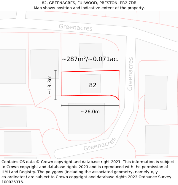 82, GREENACRES, FULWOOD, PRESTON, PR2 7DB: Plot and title map